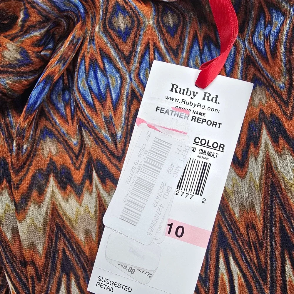 Ruby‎ Rd Feather Report Ikat Chevron Midi Skirt Navy Orange Camel Size 10 NWT